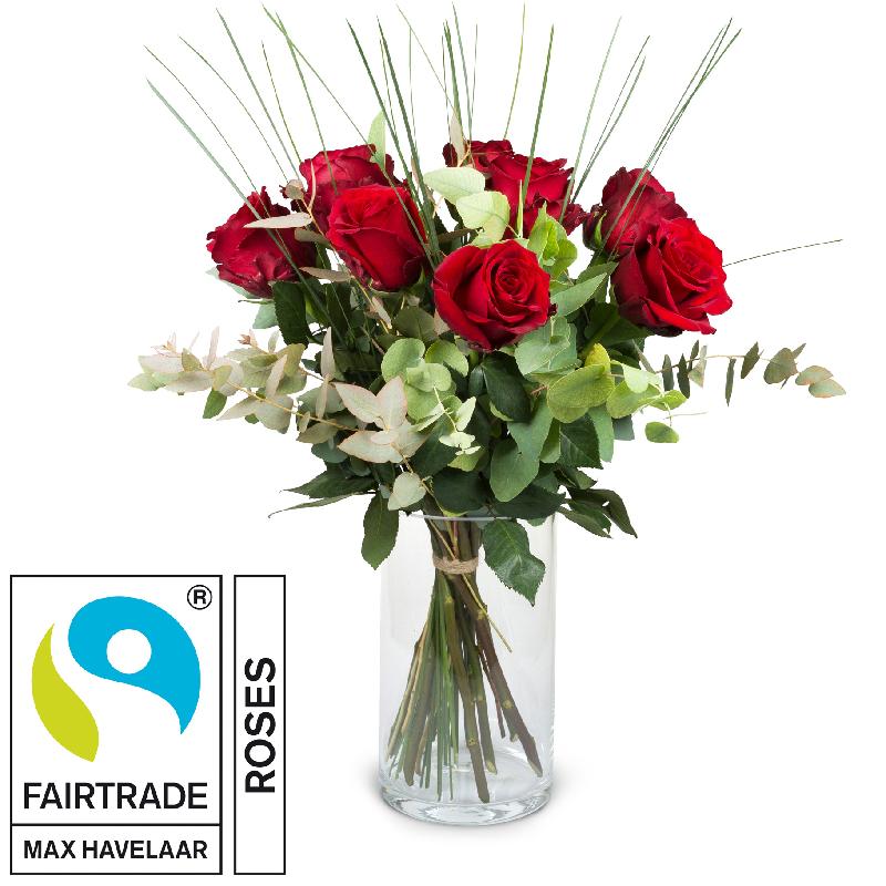 Bouquet de fleurs 9 Red Fairtrade Max Havelaar-Roses with greenery