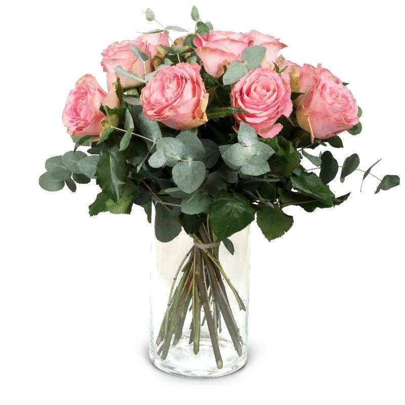 Bouquet de fleurs 12 Pink Roses with greenery