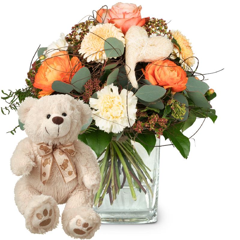 Bouquet de fleurs In my heart with teddy bear (white)