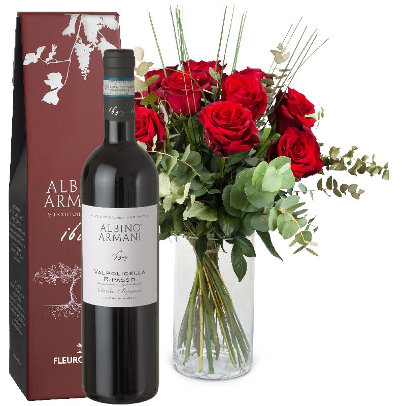 Bouquet de fleurs 12 Red Roses with greenery and Ripasso Albino Armani DOC (75