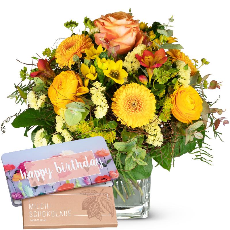 Bouquet de fleurs Sunny Spring Bouquet with bar of chocolate «Happy Birthday»