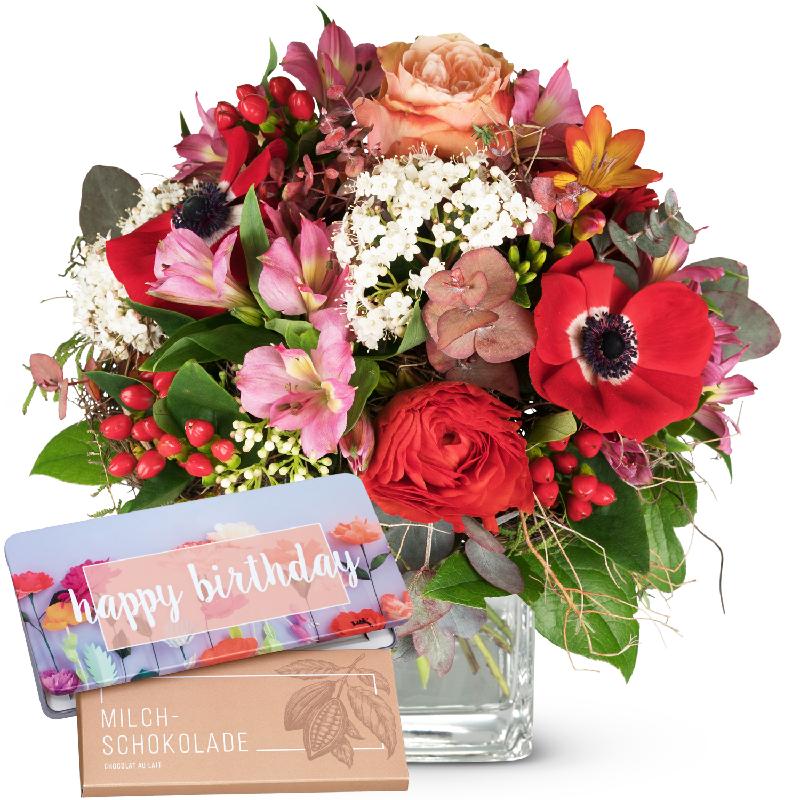 Bouquet de fleurs Spring Feelings with bar of chocolate «Happy Birthday»