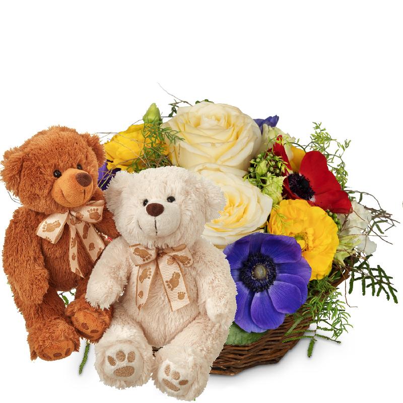 Bouquet de fleurs Colorful Surprise with two teddy bears (white & brown)