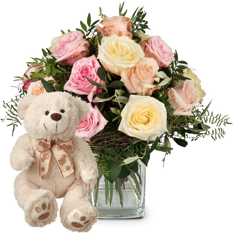 Bouquet de fleurs Cordial Rose Greeting with teddy bear (white)