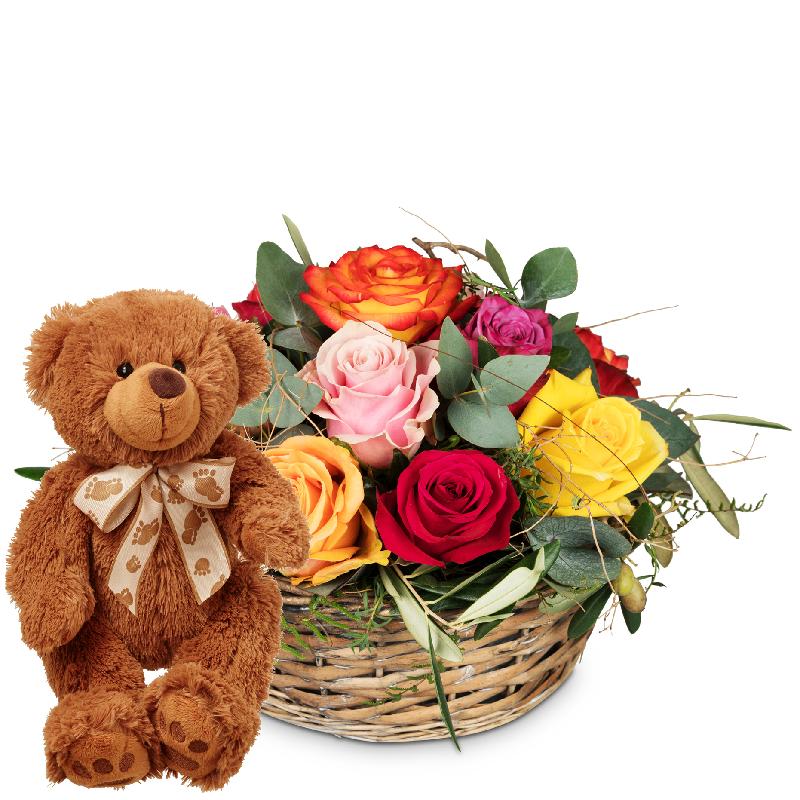 Bouquet de fleurs A Basket Full of Roses with teddy bear (brown)