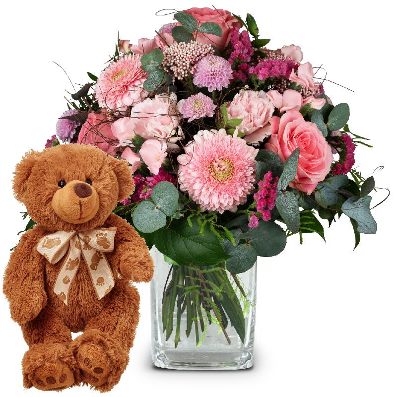 Bouquet de fleurs Fairy Tale in Pink with teddy bear (brown)