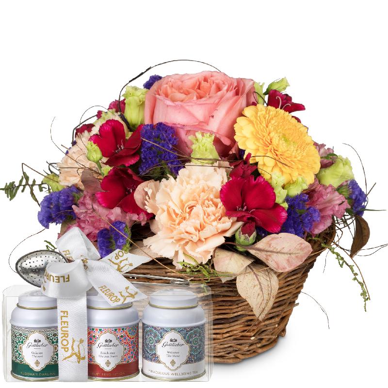 Bouquet de fleurs Melody of Color with Gottlieber tea gift set