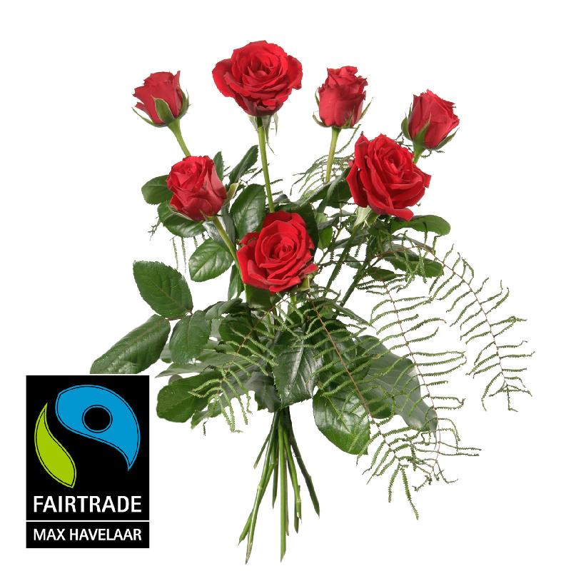 Bouquet de fleurs 7 Red Fairtrade Max Havelaar-Roses, shortstemmed with greene