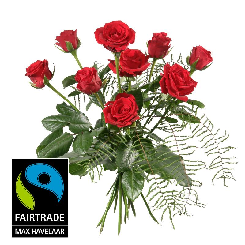 Bouquet de fleurs 9 Red Fairtrade Max Havelaar-Roses, shortstemmed with greene