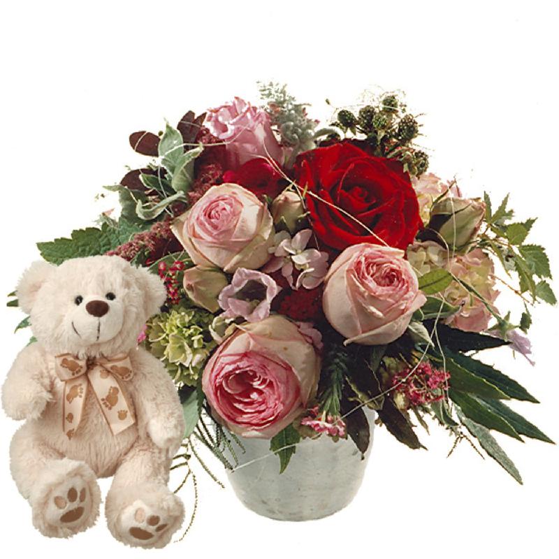 Bouquet de fleurs Poetry with Roses and teddy bear (white)