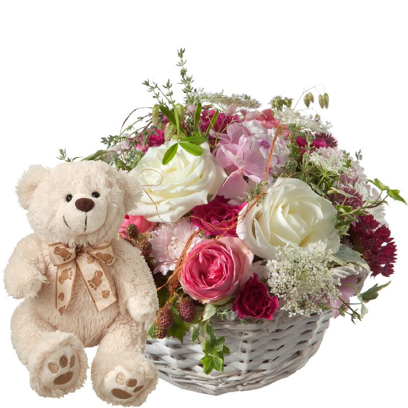 Bouquet de fleurs A Basket full of Poetry with Roses and teddy bear (white)