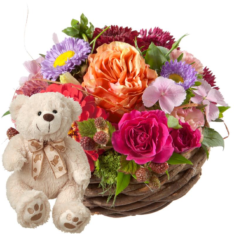 Bouquet de fleurs Cute Basket of Flowers with teddy bear (white)