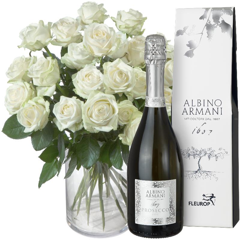 Bouquet de fleurs 24 White Roses with Prosecco Albino Armani DOC (75cl)
