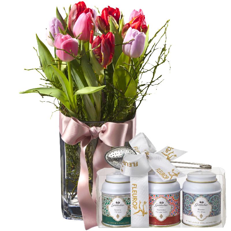 Bouquet de fleurs Tulip Princess (incl. vase) with Gottlieber tea gift set