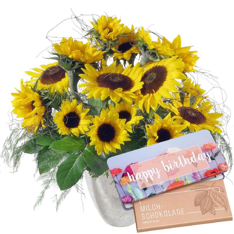 Bouquet de fleurs Sunflowers Pure with bar of chocolate “Happy Birthday“