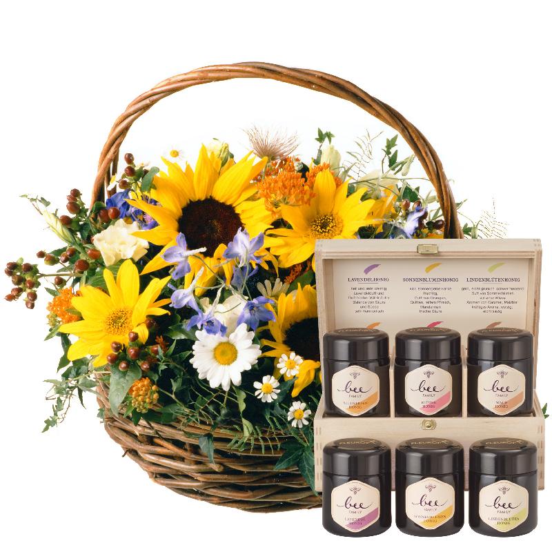 Bouquet de fleurs Sunflower Basket with honey gift set