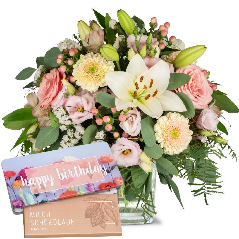 Bouquet de fleurs Lily Princess with bar of chocolate «Happy Birthday»