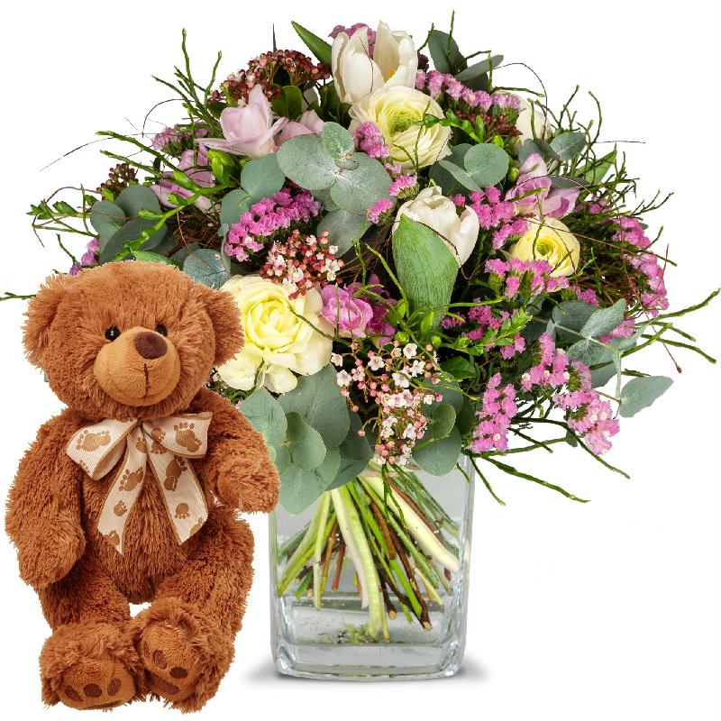 Bouquet de fleurs Tender Spring Greetings with teddy bear (brown)
