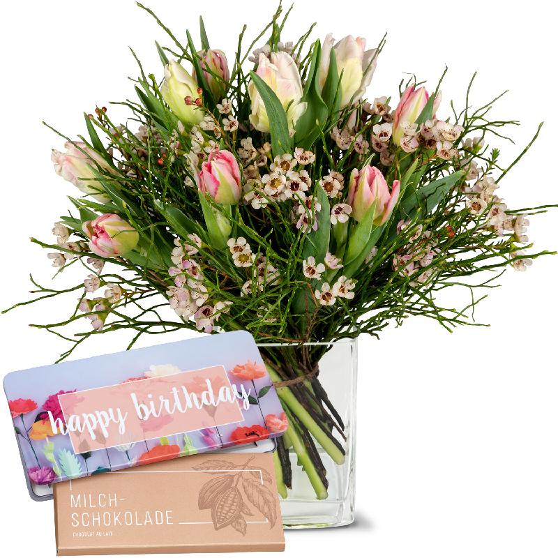 Bouquet de fleurs Delicate spring composition with bar of chocolate «Happy Bir