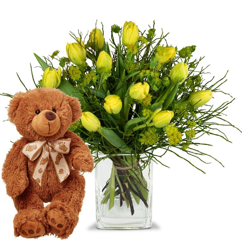 Bouquet de fleurs Sunny spring composition with teddy bear (brown)