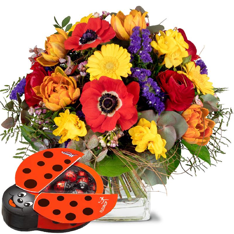 Bouquet de fleurs Happy with chocolate ladybird