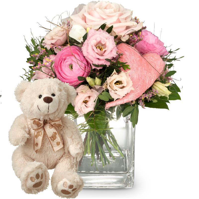 Bouquet de fleurs Butterflies in your stomach (with heart) and teddy bear (whi
