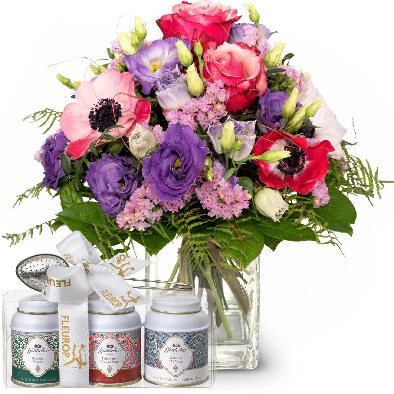 Bouquet de fleurs Spring Princess with Gottlieber tea gift set