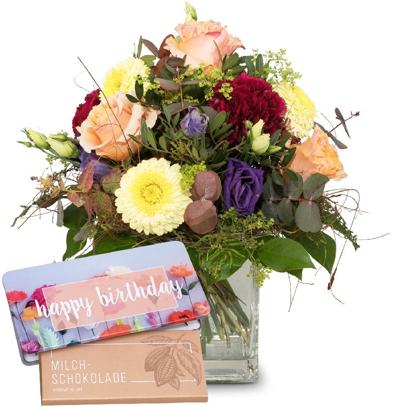 Bouquet de fleurs Colorful flower dream with bar of chocolate «Happy Birthday»