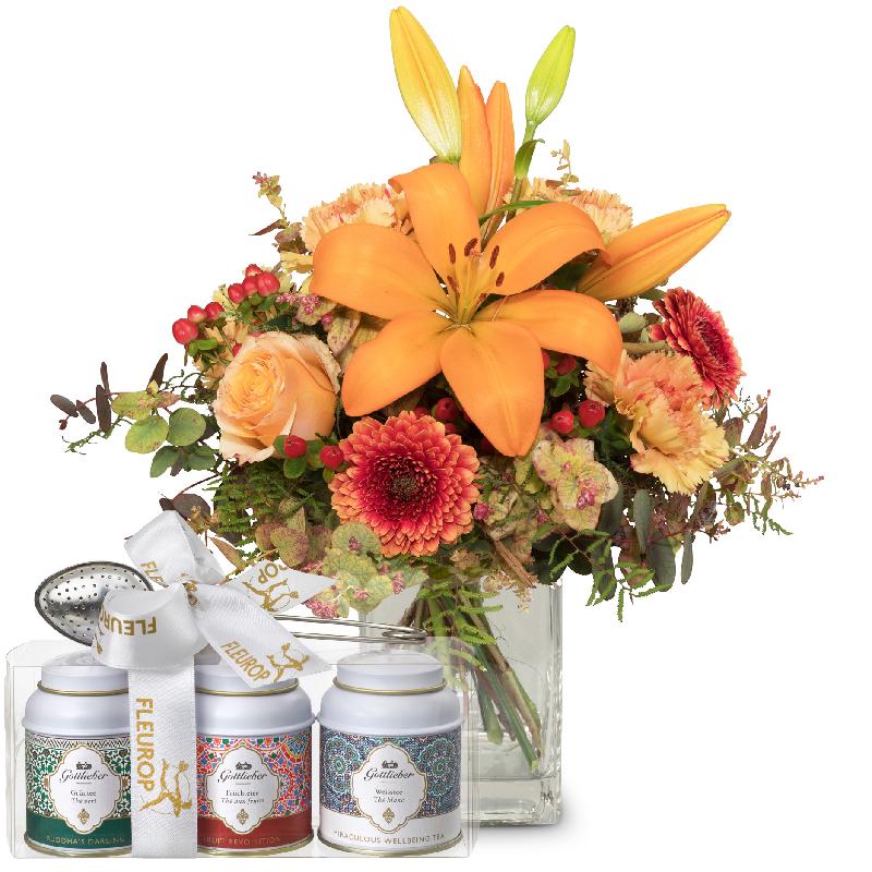 Bouquet de fleurs Harmony of Lilies with Gottlieber tea gift set