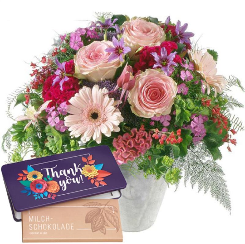 Bouquet de fleurs Fairy Tale in Pink with bar of chocolate “Thank you“