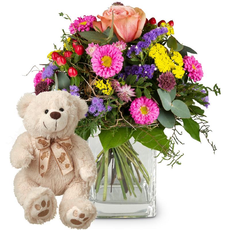 Bouquet de fleurs Little Flower Message with teddy bear (white)