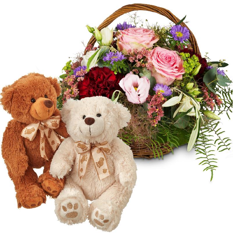 Bouquet de fleurs Summer Awakening with two teddy bears (white & brown)