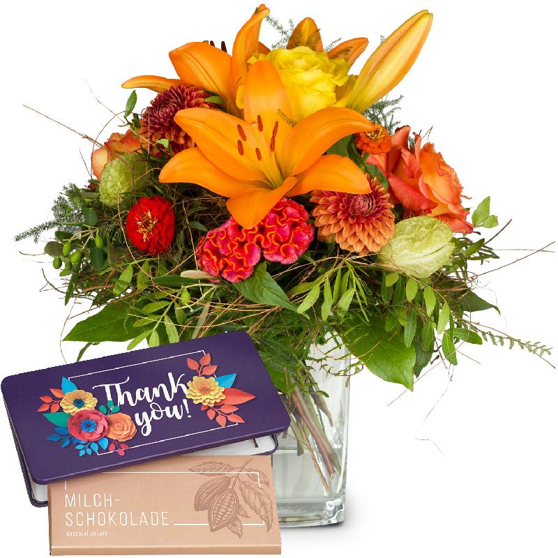 Bouquet de fleurs Summer Highlight with Lilies and bar of chocolate “Thank you