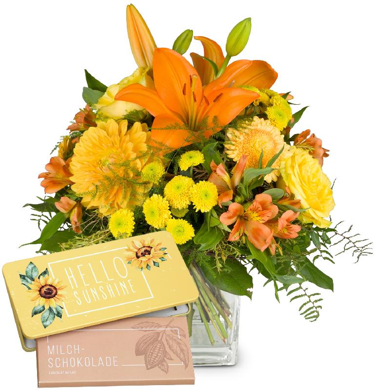 Bouquet de fleurs Vitality with Lilies and bar of chocolate “Hello Sunshine“
