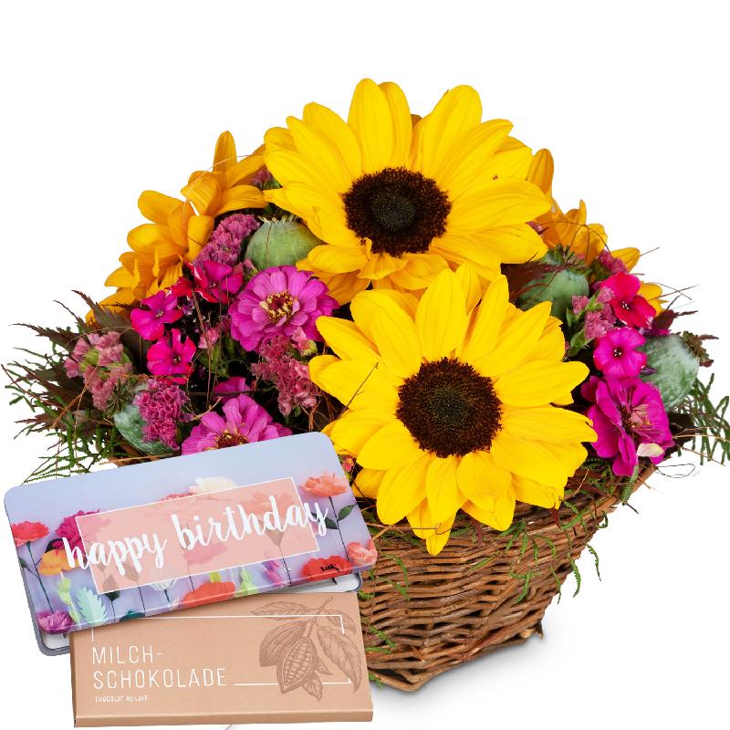 Bouquet de fleurs Sunny Day with bar of chocolate «Happy Birthday»