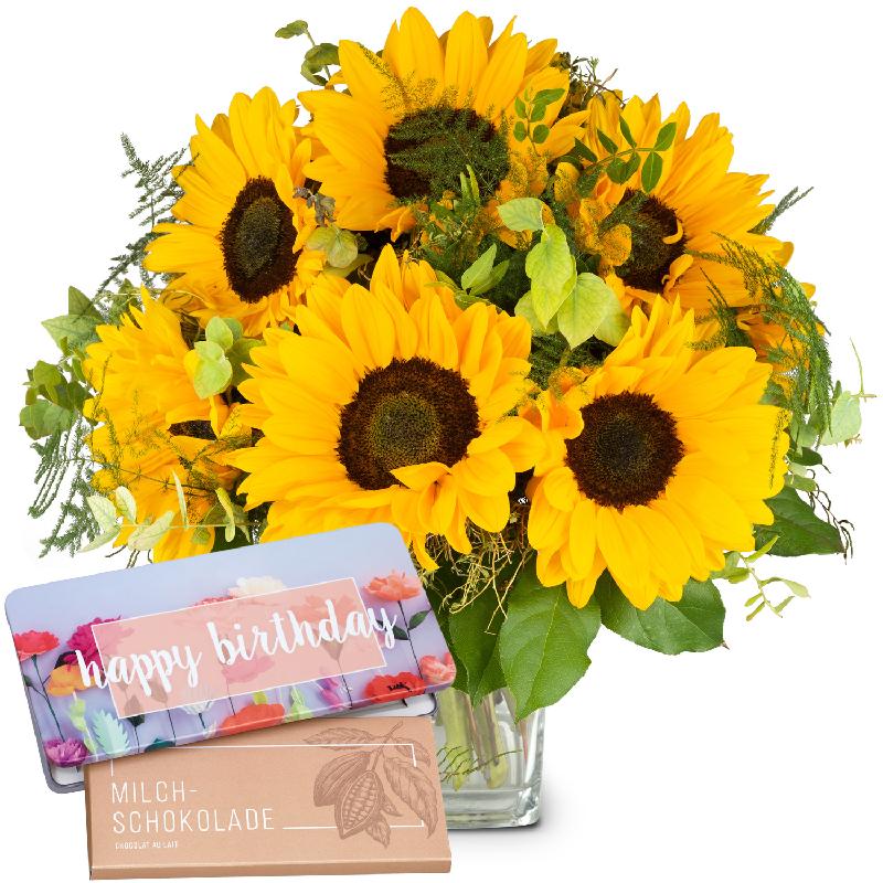 Bouquet de fleurs Sunflowers Pure with bar of chocolate «Happy Birthday»