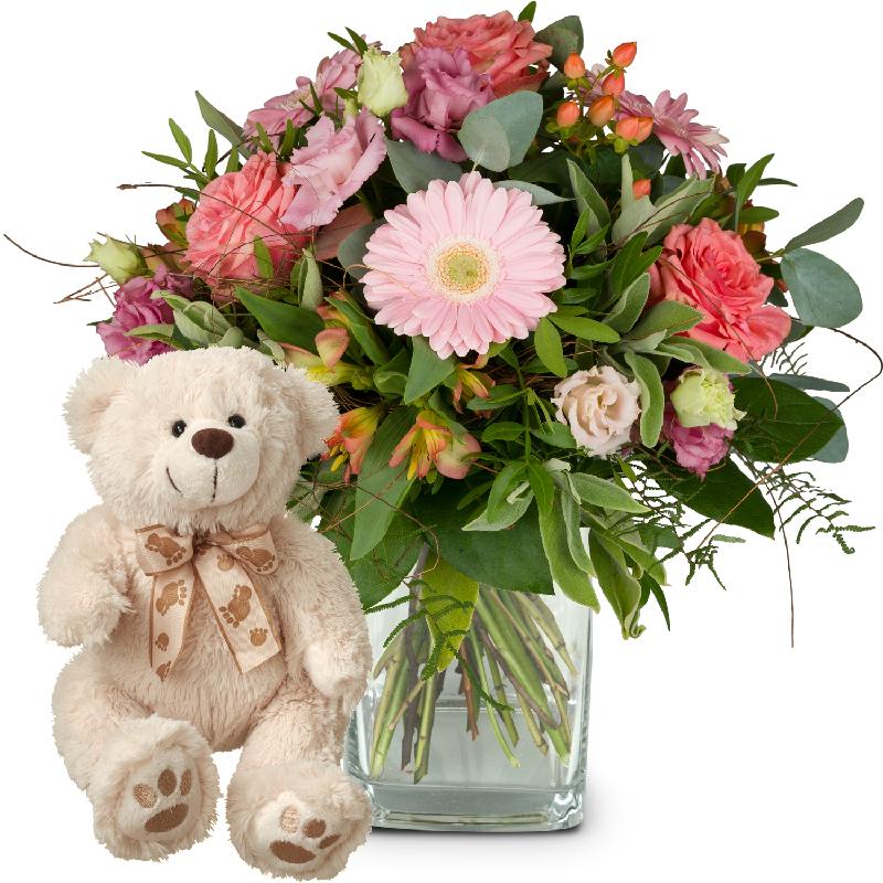 Bouquet de fleurs Sweet Romance with teddy bear (white)