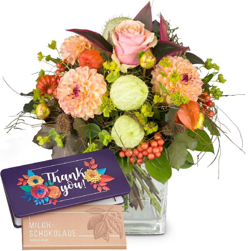 Bouquet de fleurs Little Indian Summer with bar of chocolate «Thank you»