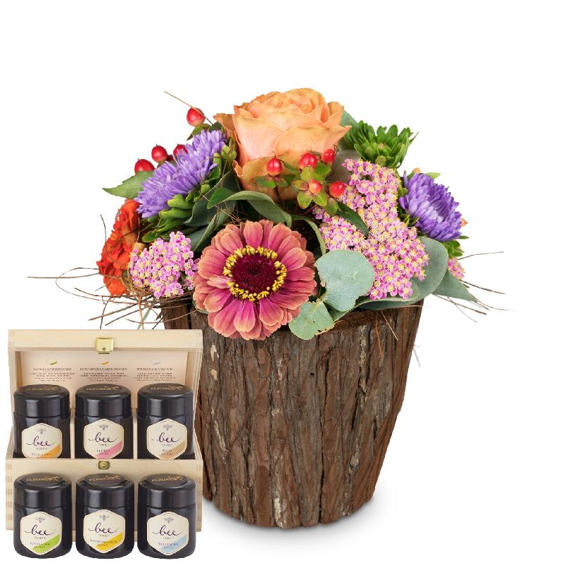 Bouquet de fleurs Little Surprise with honey gift set