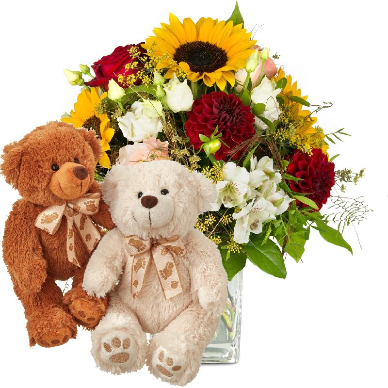 Bouquet de fleurs Summer Magic with two teddy bears (white & brown)