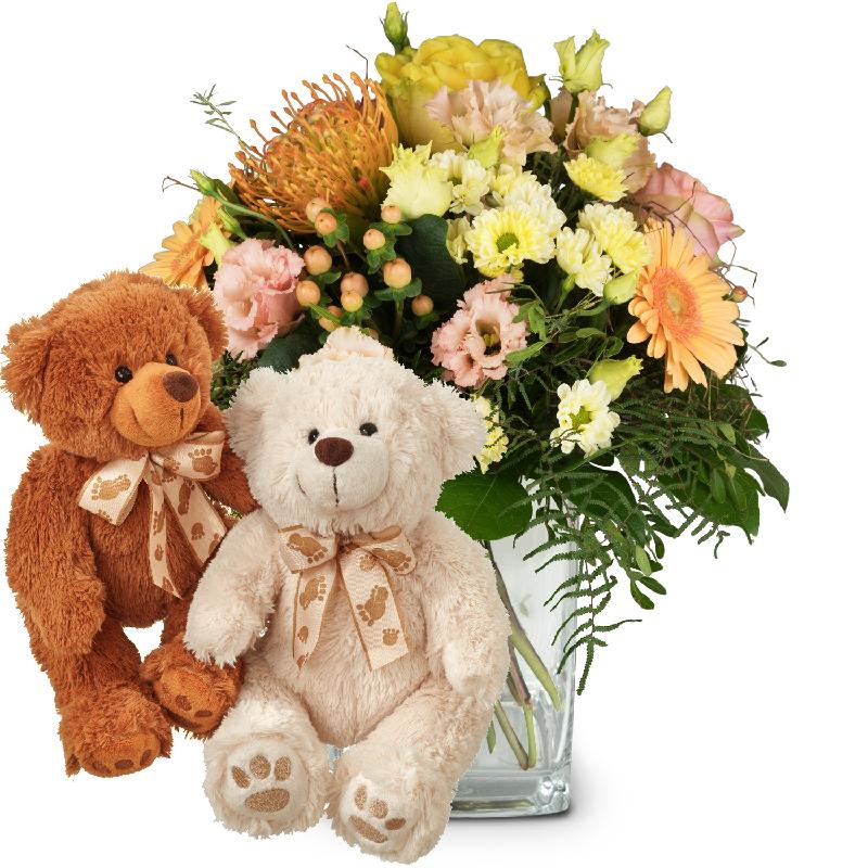 Bouquet de fleurs Cheerful winter greeting with two teddy bears (white & brown