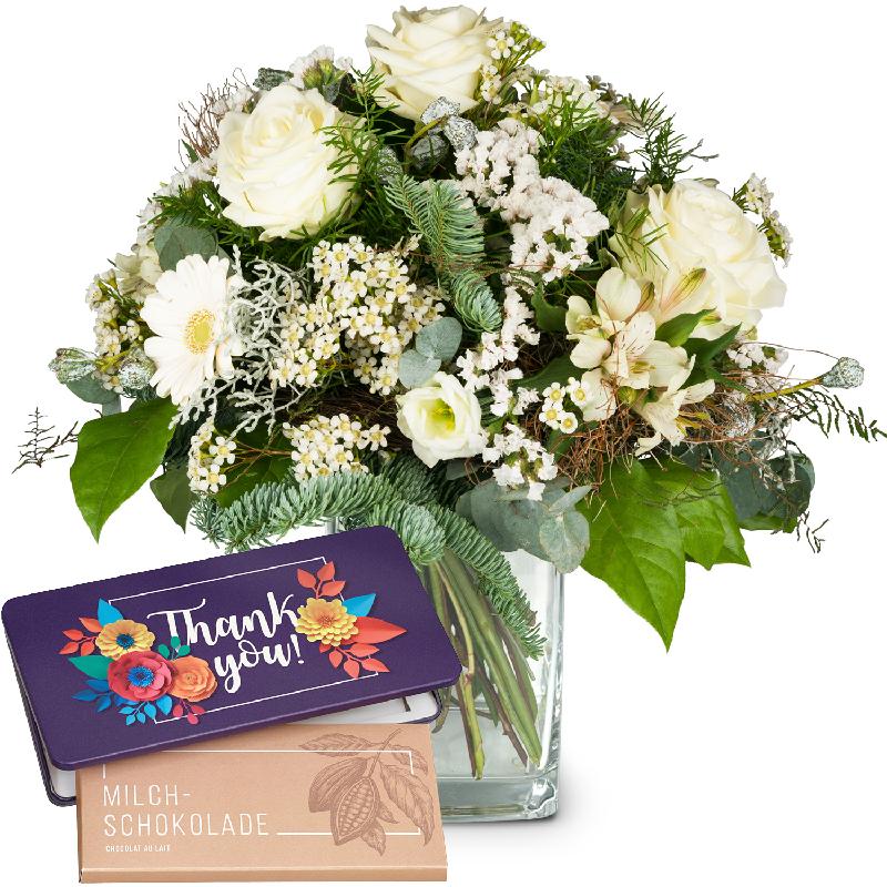 Bouquet de fleurs Winter-Beauty with bar of chocolate «Thank you»