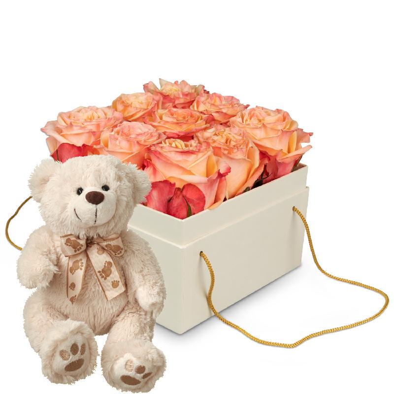 Bouquet de fleurs Flowerbox «Vienna» (15 cm) with teddy bear