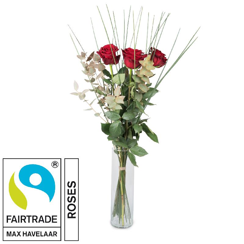 Bouquet de fleurs 3 Red Fairtrade Max Havelaar-Roses with greenery