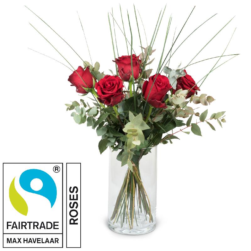Bouquet de fleurs 5 Red Fairtrade Max Havelaar-Roses with greenery