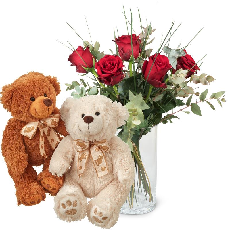 Bouquet de fleurs 5 Red Roses with greenery and two teddy bears (white & brown