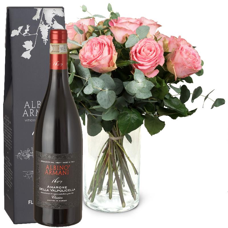 Bouquet de fleurs 12 Pink Roses with greenery and Amarone Albino Armani  DOCG