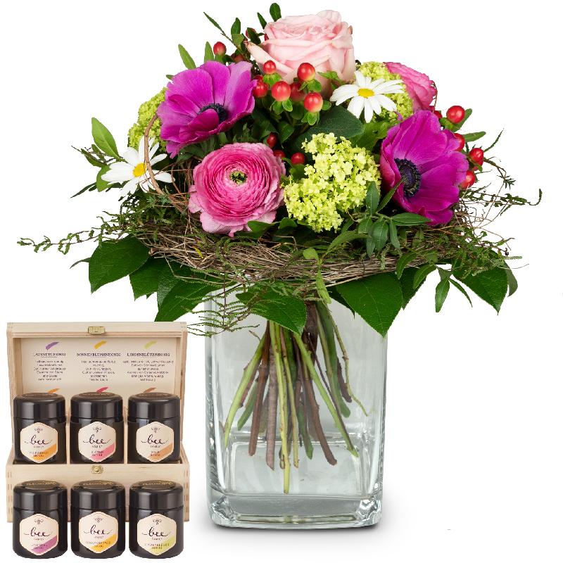 Bouquet de fleurs Soft Springmeadow with honey gift set