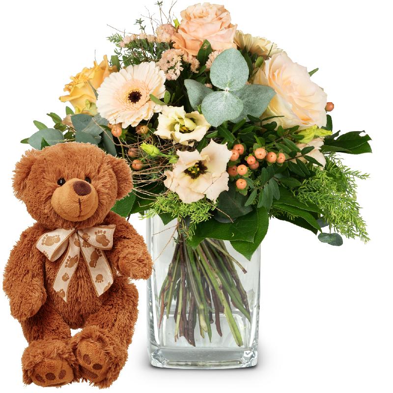 Bouquet de fleurs Delicate Seasonal Bouquet with teddy bear (brown)