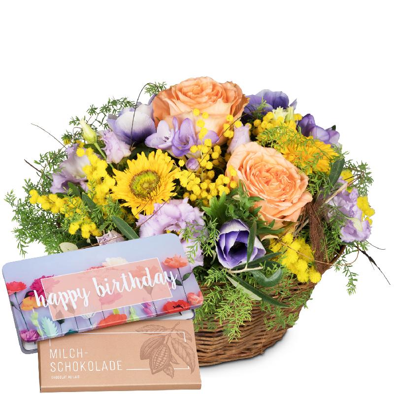 Bouquet de fleurs Gift of Spring with bar of chocolate «Happy Birthday»